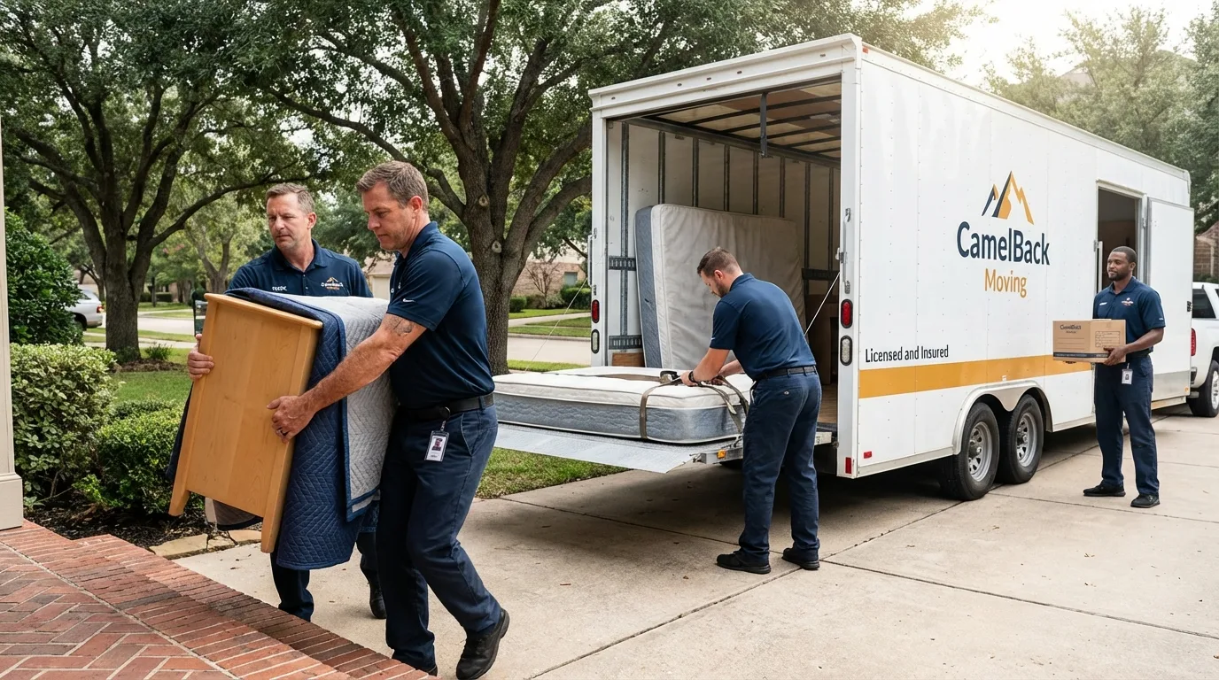 Crew loading residential truck for cross-state move from Pasadena, TX