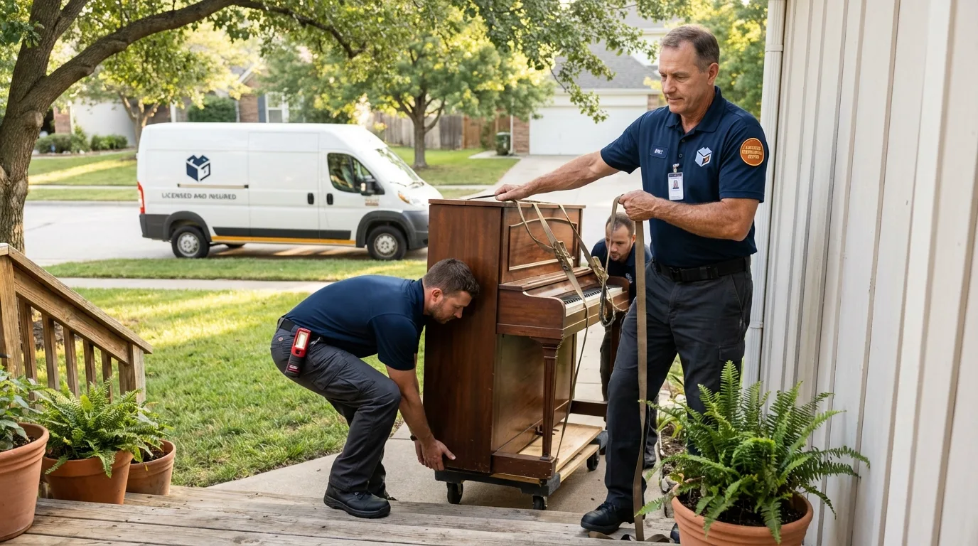 Licensed piano movers securing grand piano in Pasadena, TX